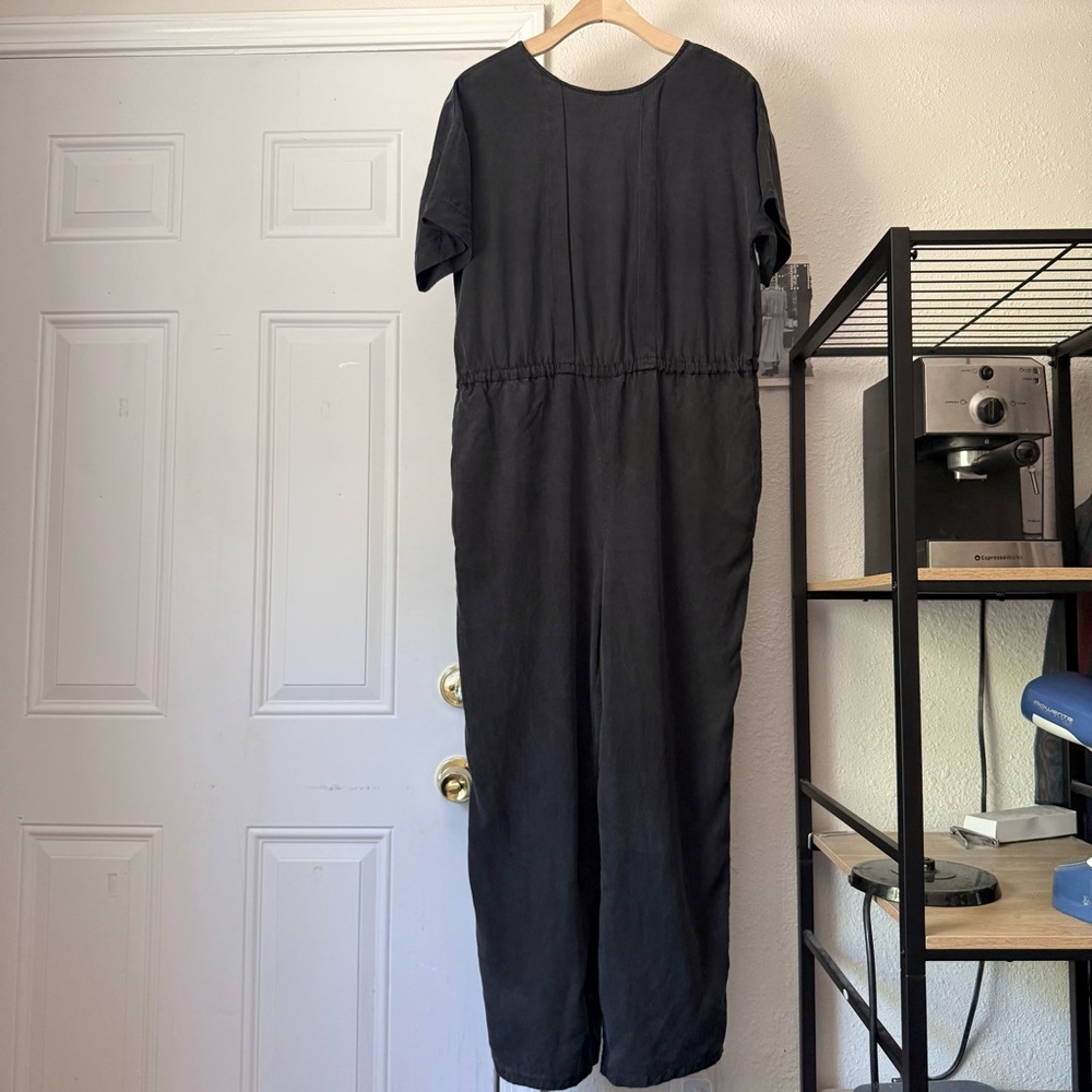 WOOD WOOD black silk surplice‎ back short sleeve straight leg jumpsuit